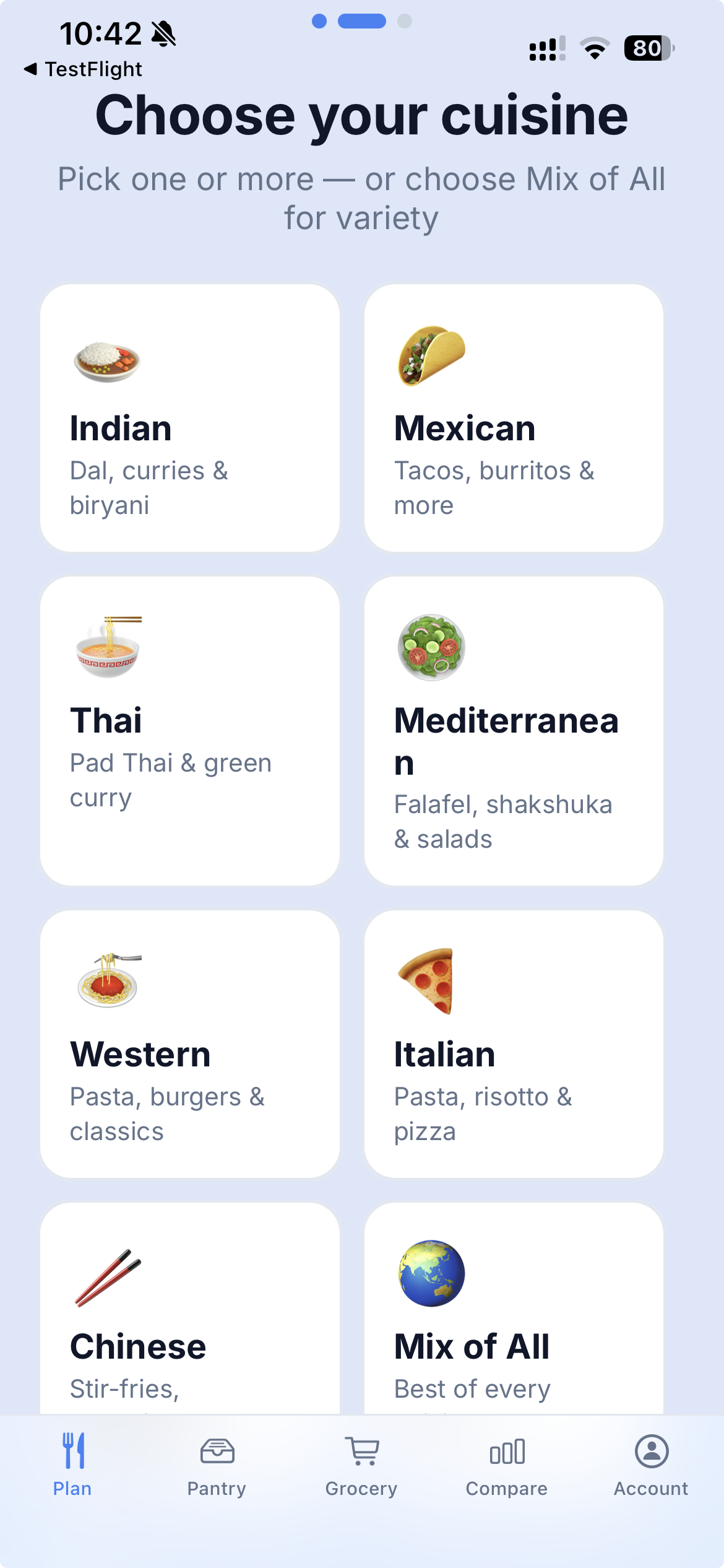 Cuisine selection screen in the MealPantry app