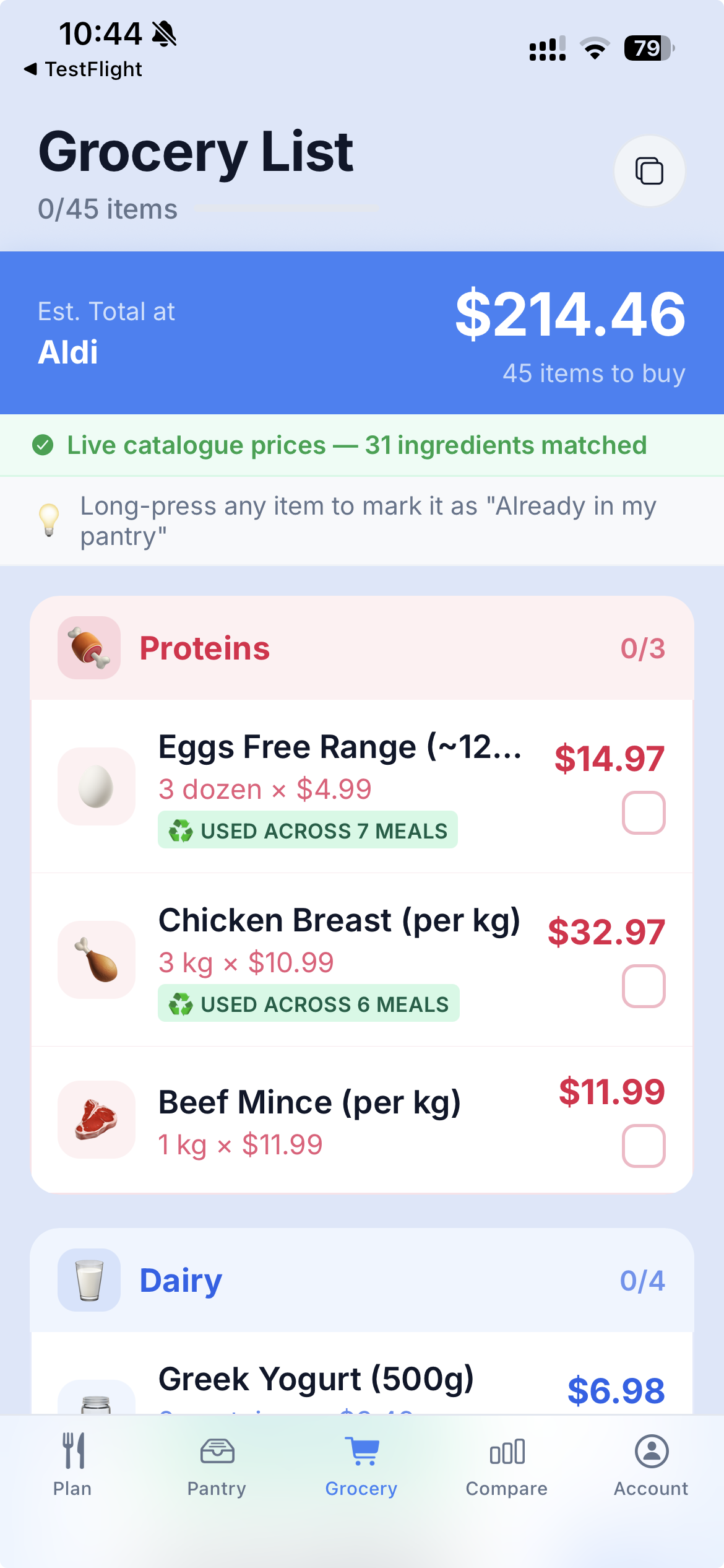 Grocery list screen showing quantities scaled for a household