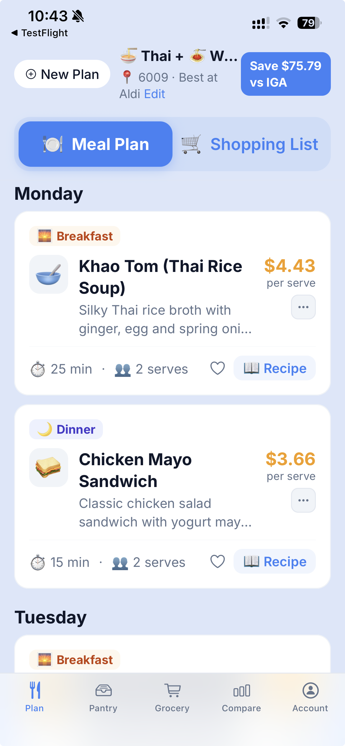 MealPantry weekly dinner plan screen used to review and swap meals