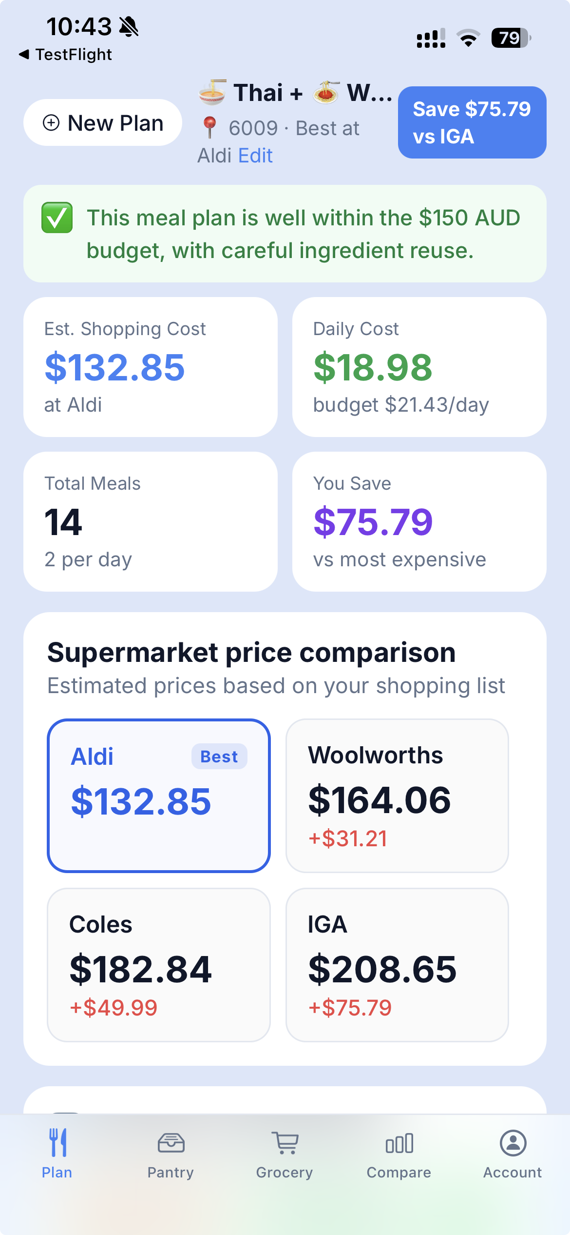 Supermarket price comparison screen showing different store totals