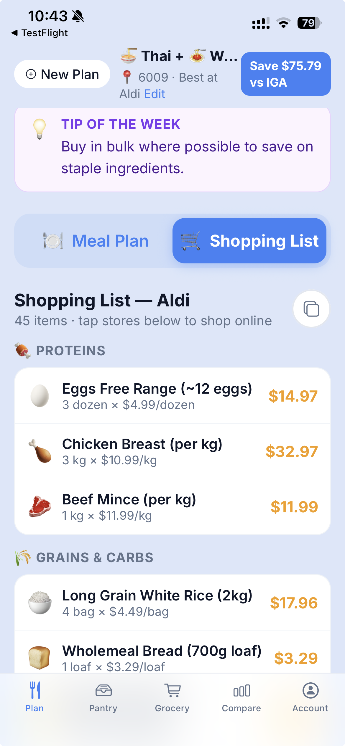 Grocery list screen showing consolidated ingredients