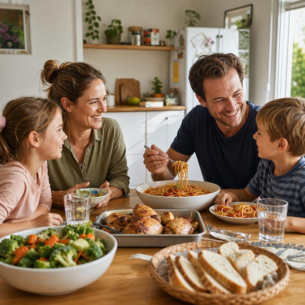 Australian family groceries on a kitchen bench with a weekly meal plan