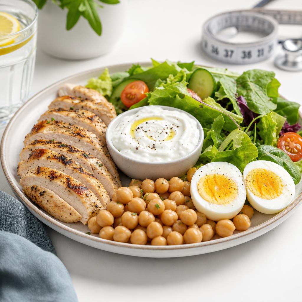 Plate of high-protein nutrient-dense food for people on weight-loss injections