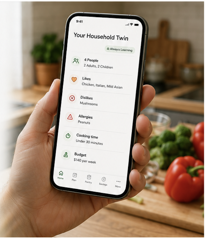MealPantry Household Twin displayed on a phone in an Australian family kitchen